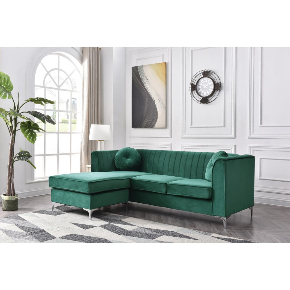 Delray 87 in. Green Velvet L Shape 3 Seater Sectional Sofa with 2 Throw Pillow   Midcentury   Sectional Sofas   by BisonOffice  Houzz