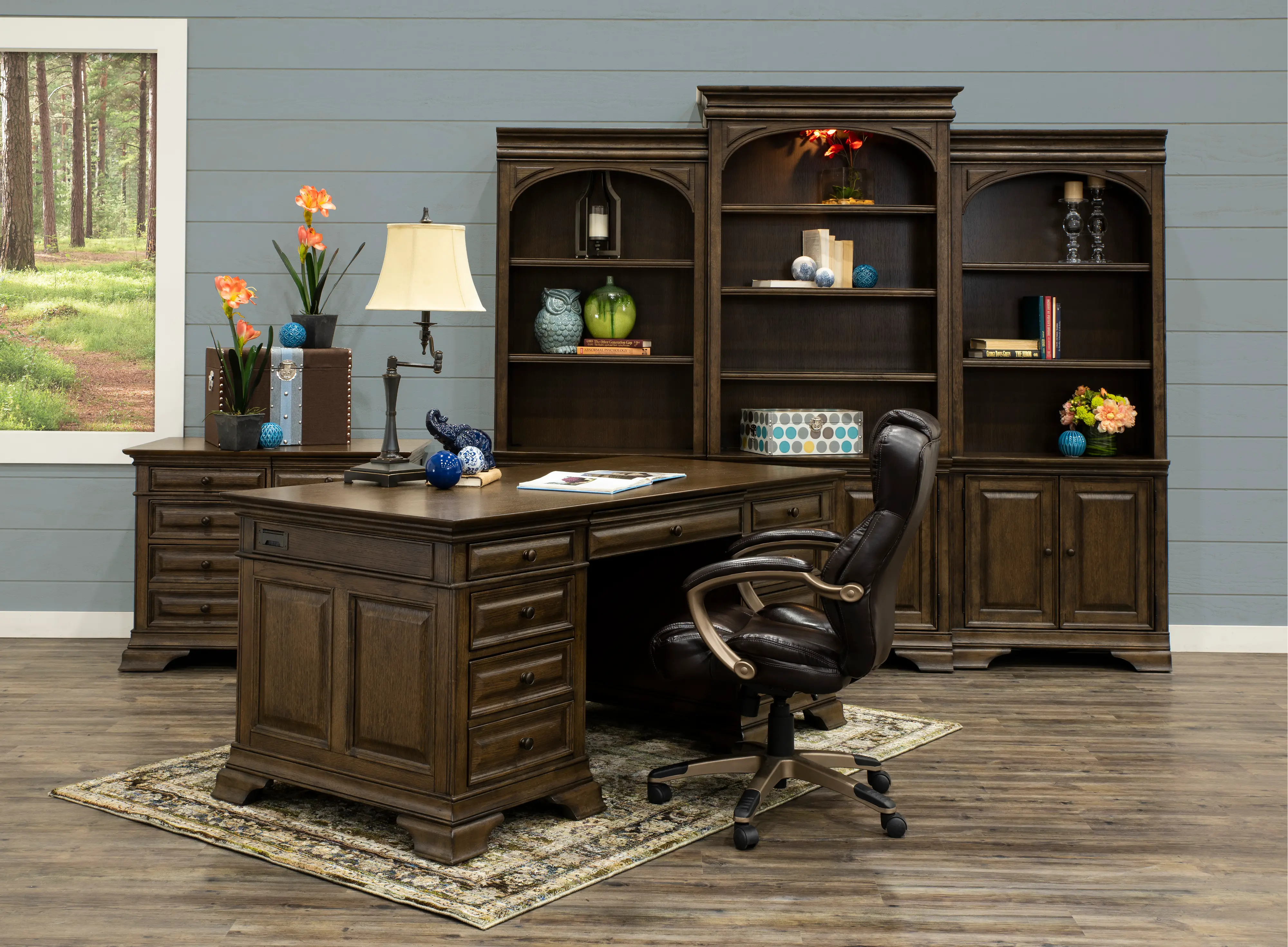 Arcadia Chestnut Brown Bookcase Wall with Doors