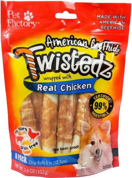 Pet Factory Twistedz 5-inch Beefhide Chip Rolls Chicken Flavored Wrap Dog Hard Chews， 8 count