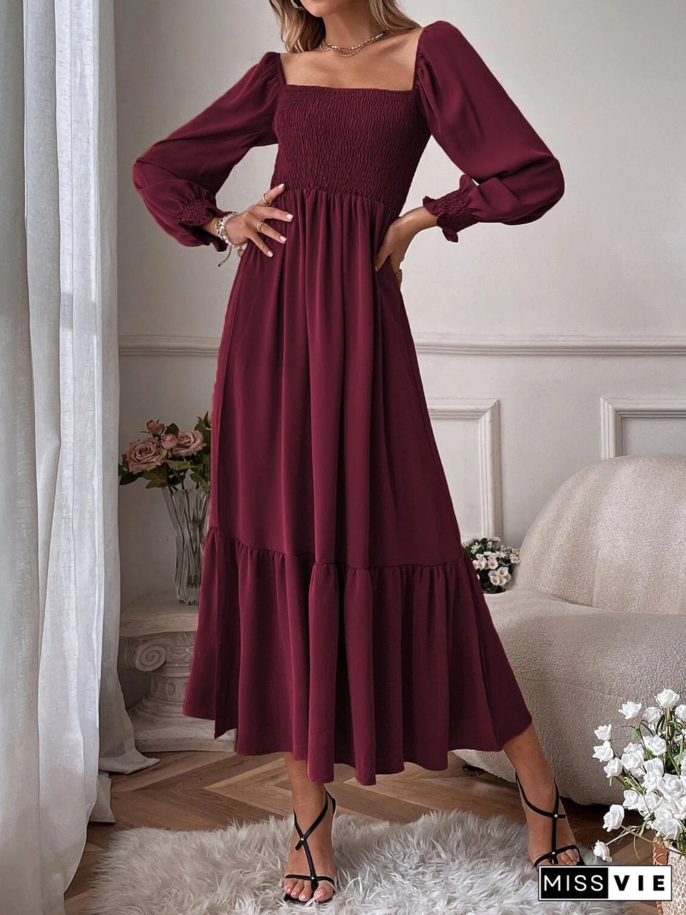 Women'S Dresses Square Neck High Waist Long Sleeve Ruffle Dress