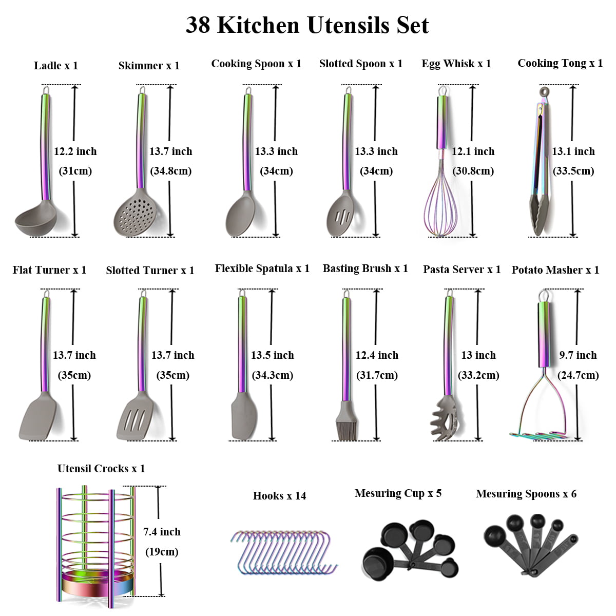 Just Houseware 38pcs Rainbow Silicone kitchen Cooking Utensils Set with Utensil Crocks, Silicone Head and Stainless Steel Handle Non-Stick Cookware, Kitchen Tools