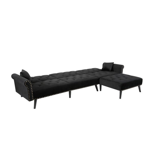 2 Pieces Convertible Reversible Sectional Sofa Velvet Upholstered Sofa Sleeper Furniture Chaise with Inlaid Rivet Decoration