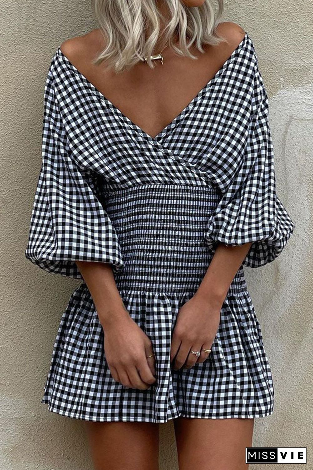 Fashion Street Plaid Split Joint V Neck Waist Skirt Dresses