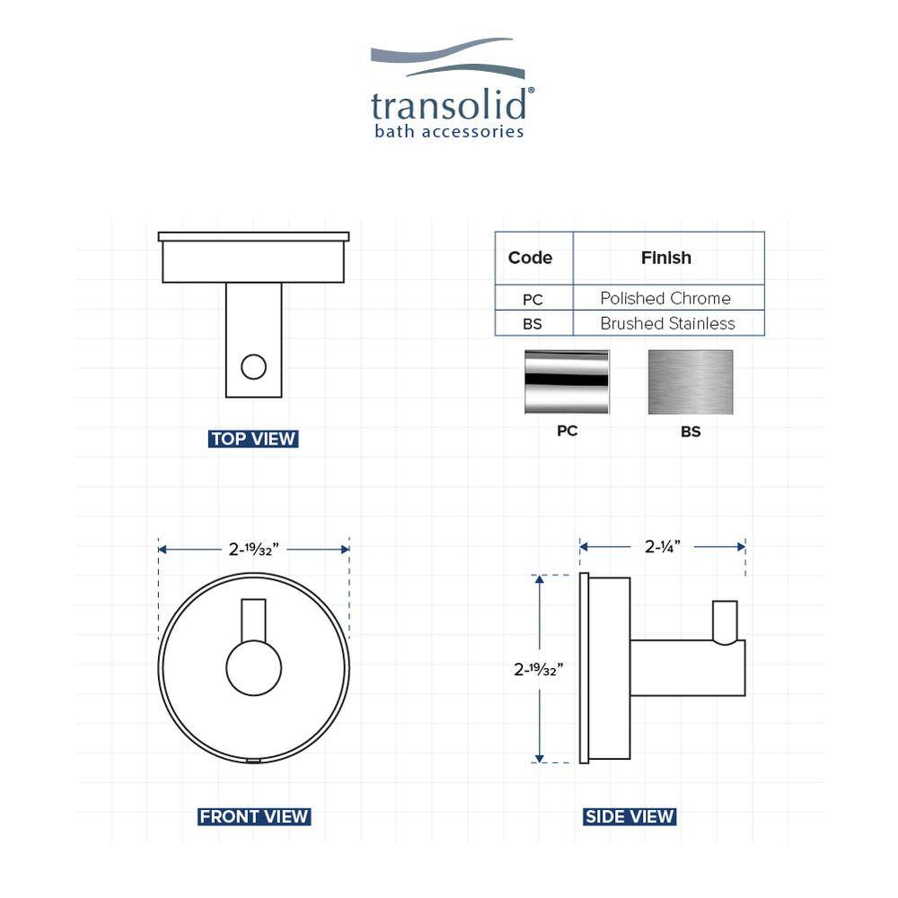 Transolid Cara Single Robe Hook in Brushed Stainless CRH-BS