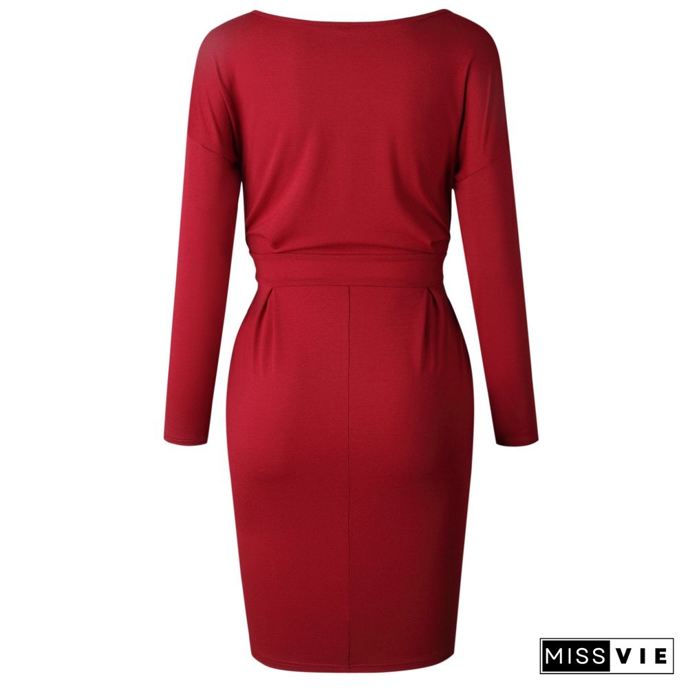 O Neck Midi Dress With Belt (Long Sleeve)