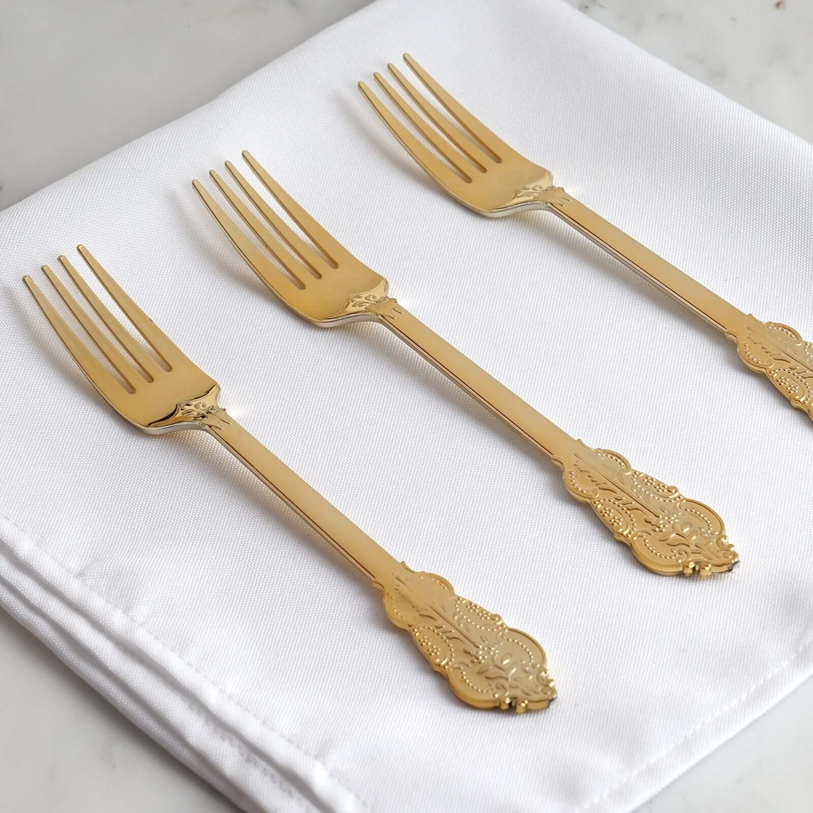 24 Pack Metallic Gold Baroque Style Heavy Duty Plastic Forks 8