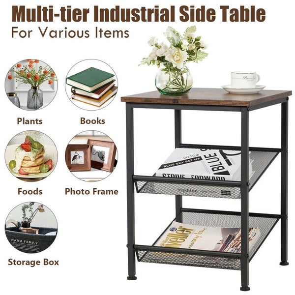 3 Tier Industrial End Table with Mesh Shelves and Adjustable Shelves