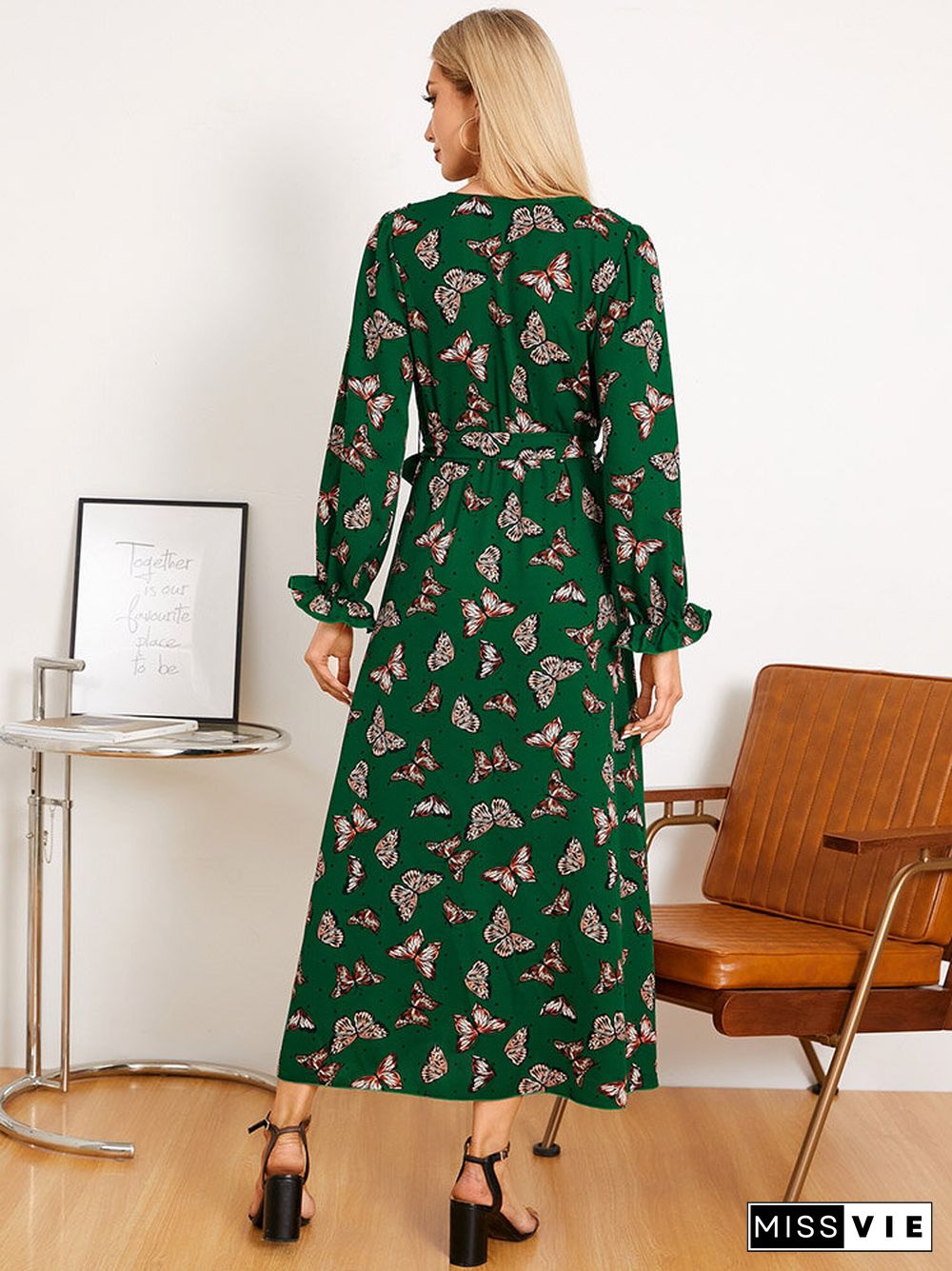 Butterfly Print Belt Long Sleeve V-neck Maxi Dress