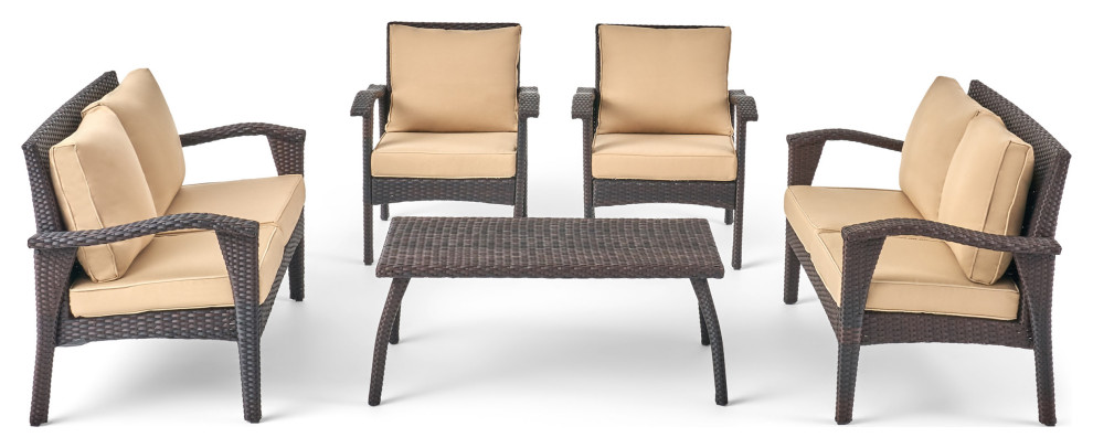 Belle Outdoor 6 Seater Wicker Chat Set With Cushions   Tropical   Outdoor Lounge Sets   by GDFStudio  Houzz