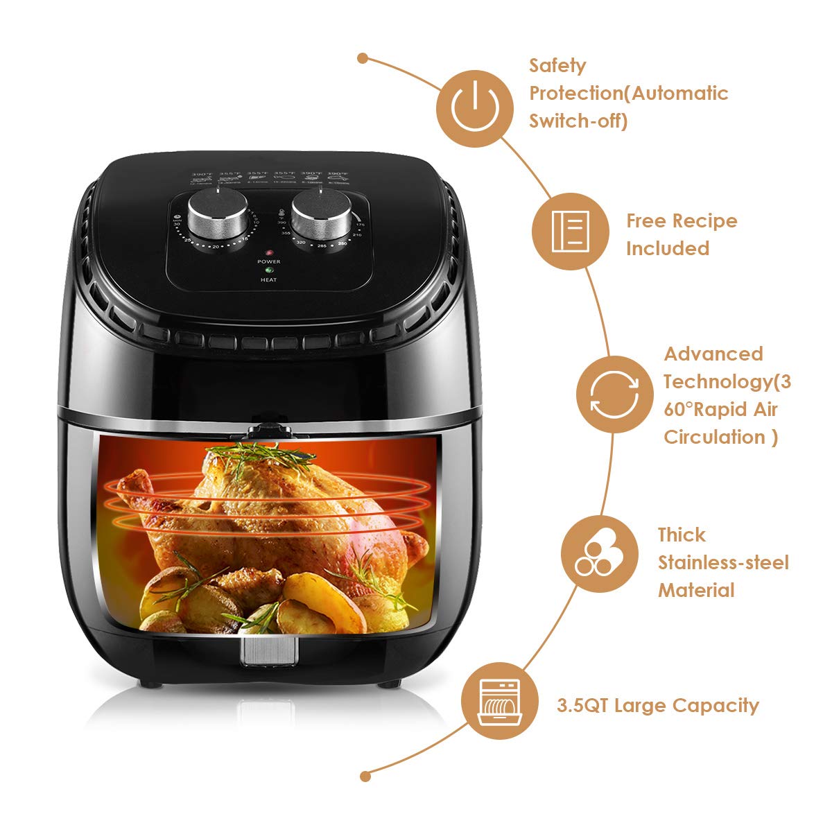 Costzon Air Fryer, 3.5Qt 1300W Electric Stainless Oil-less Oven Cooker (Black)