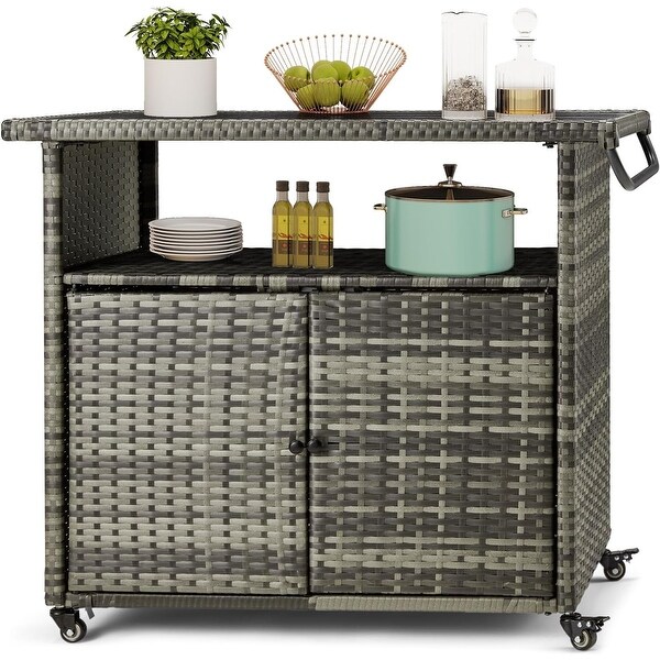 AECOJOY Outdoor Wicker Bar Cart w/Wheels and Shelf Patio Bar Table