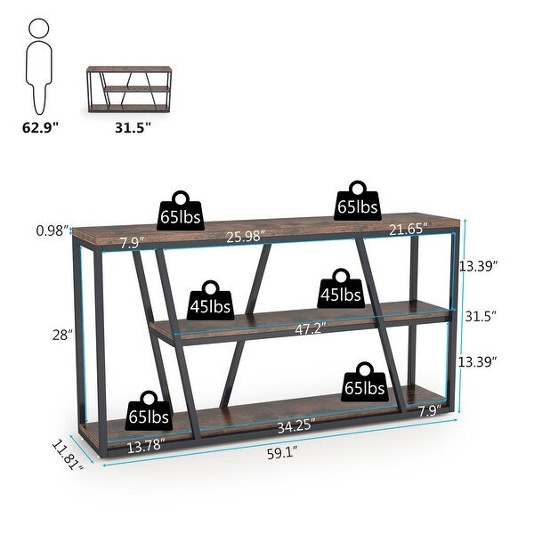 3-Tier Industrial Console Table Sofa Table with Open Shelves - 59.1