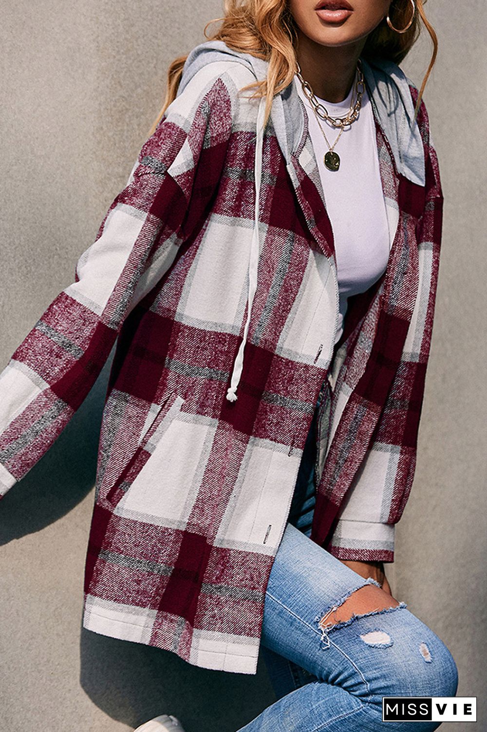 Plaid Button Front Hoodies Shacket Jacket Women Wholesale