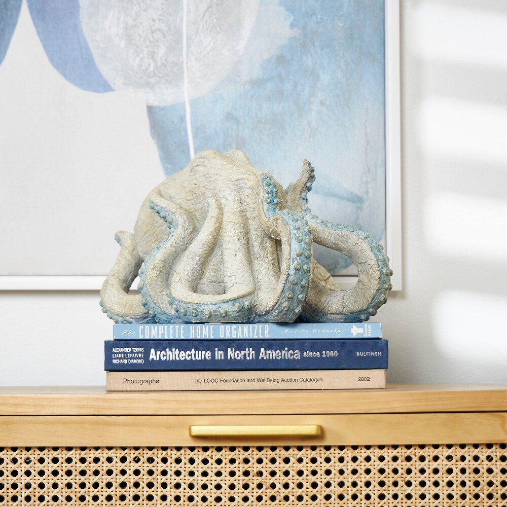 Beige Resin Textured Octopus Sculpture with Light Blue Tentacles