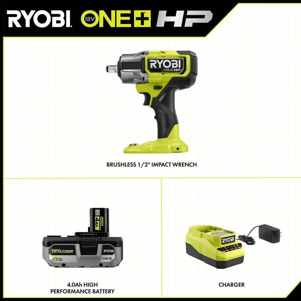 RYOBI ONE+ HP 18V Brushless Cordless 4-Mode 1/2 in. Impact Wrench Kit w/ 4.0 Ah HIGH PERFORMANCE Lithium-Ion Battery & Charger P262K1