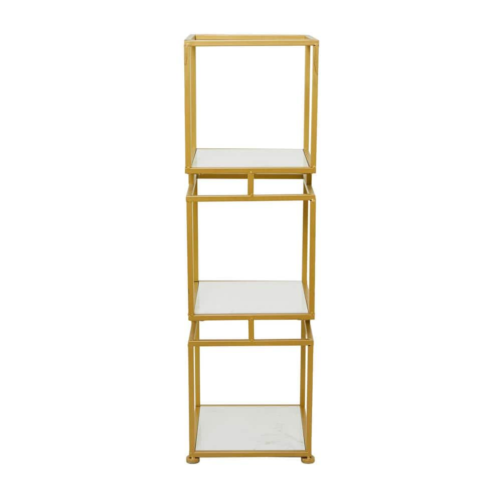 Litton Lane Marble Stationary Gold Shelving Unit with 3 Marble Shelves 040344