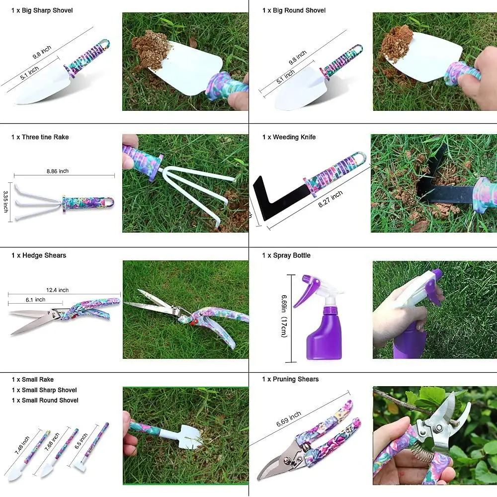 Gardening Tools with Purple Floral Print  Handle Trowel Rake Weeder Pruner Shears Sprayer  Garden Hand Tool Set