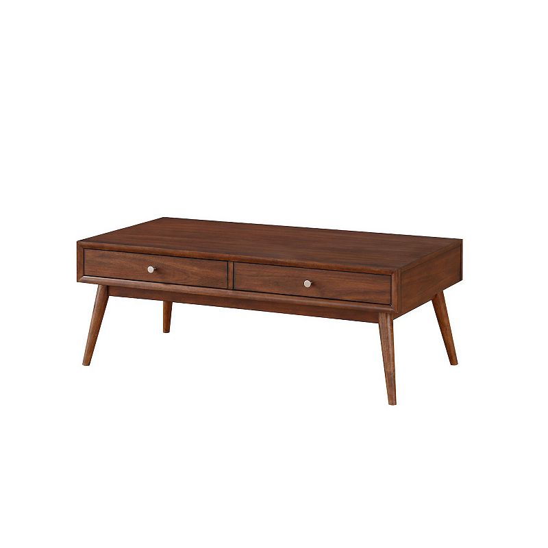 2 Drawer Wooden Coffee Table with Splayed Legs， Walnut Brown