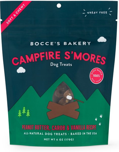 Bocce's Bakery Campfire S'mores Peanut Butter， Carob and Vanilla Recipe Dog Treats， 6-oz bag