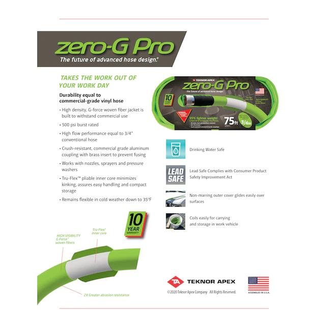 Zero-G Pro Teknor Apex 3/4-in x 75-ft Contractor Kink Free Woven Green Coiled Hose