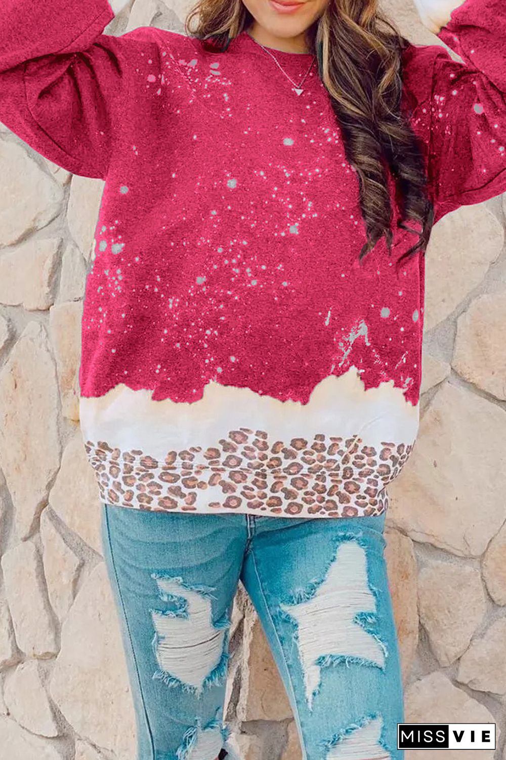 Red Leopard Bleached Pullover Sweatshirt