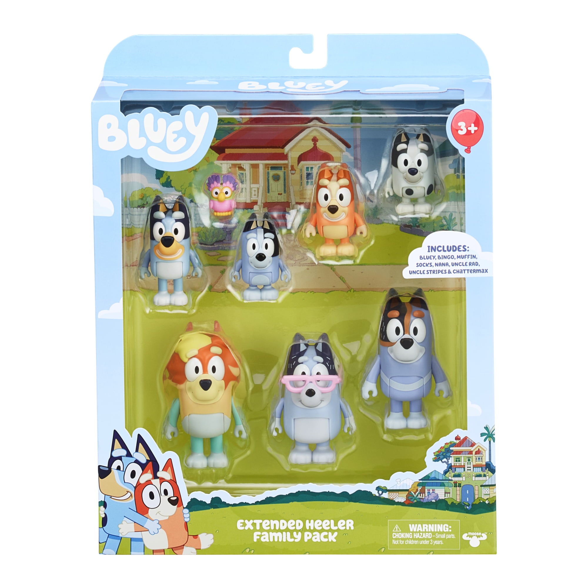 Bluey， Extended Heeler Family Pack， 2.5-3 inch Figures， Bluey， Bingo， Socks， Muffin， Uncle Stripe， Uncle Rad， Nana and Chattermax， Preschool， Toys for Kids， Ages 3+