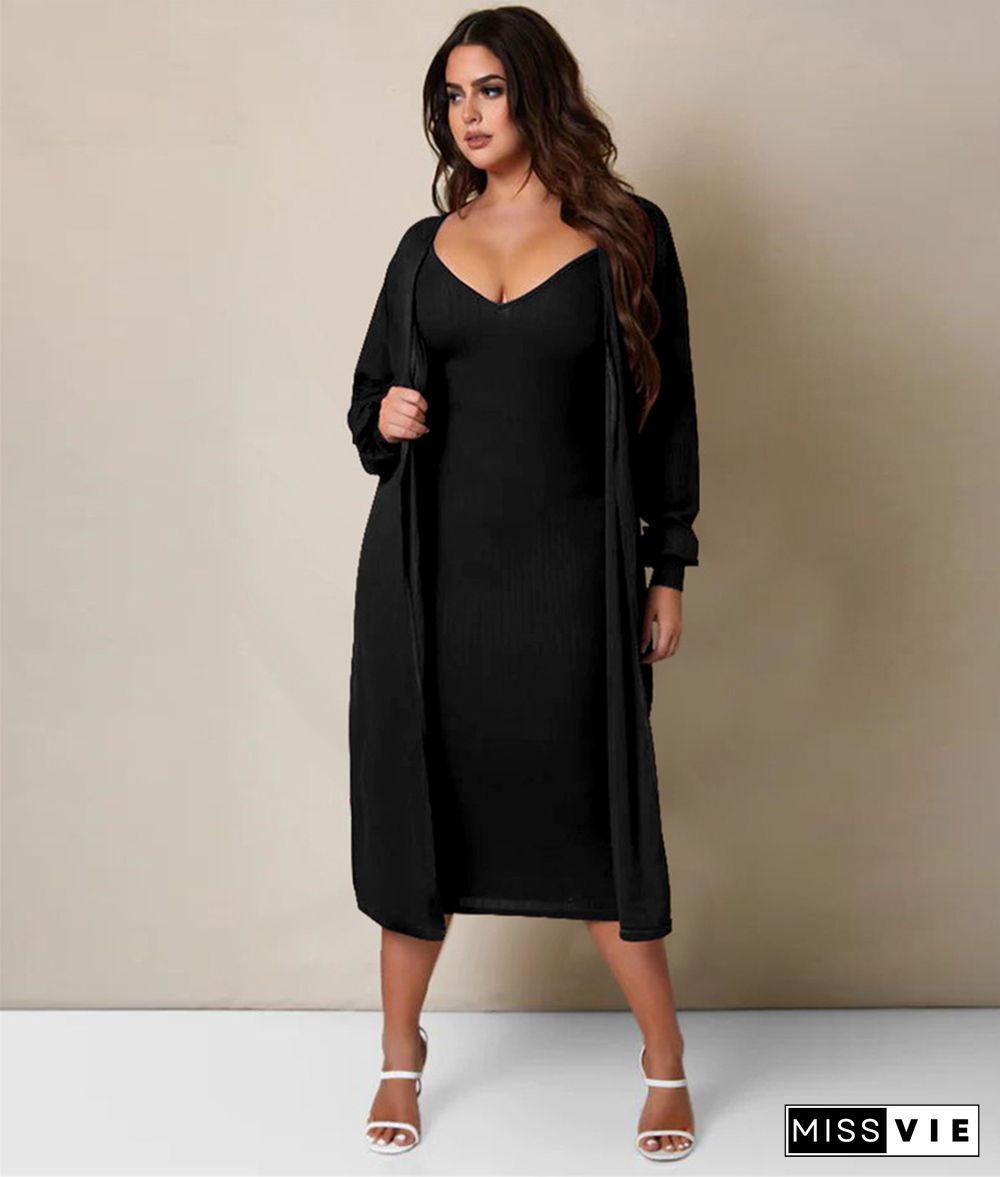 Long Sleeve Loose Long Cardigan Midi Dress Sets