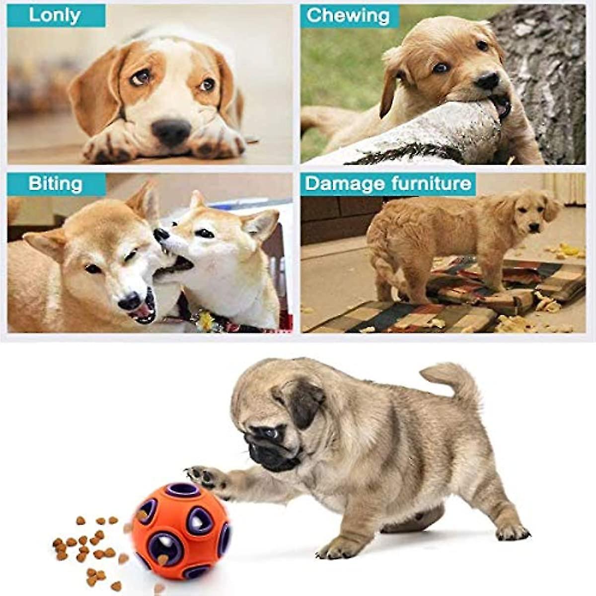 Bduk Dog Ball Interactive Dog Toy With Small Bell Durable Rubber Ball Iq Treat Ball Puzzle Toy Bounce Wobble Wag Ball Double Layer Structure Food Disp