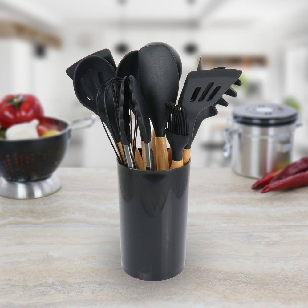 MegaChef Black Silicone and Wood Cooking Utensils (Set of 12) 985114360M