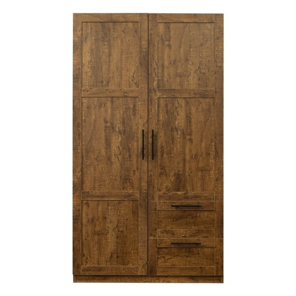 Wood High Wardrobe with 2 Drawers， 5 Storage Space and 2 Doors - - 36394606