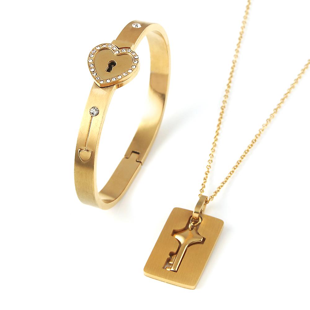 A Couple Lovers Jewelry Love Heart Lock Bracelet Stainless Steel Bracelets Bangles Key Pendant Necklace Jewelry With Gift Box，antique Gold Plated