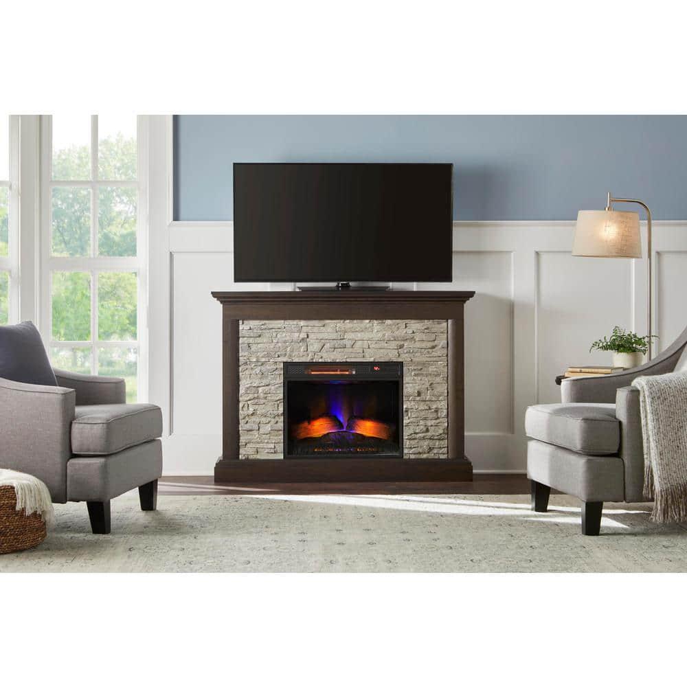 Home Decorators Collection Whittington 50 in Freestanding Electric Fireplace in Brushed Dark Pine with Gray Faux Stone