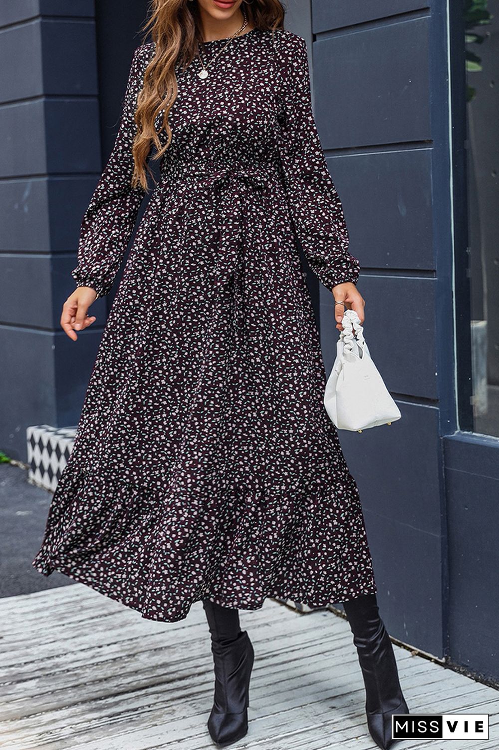 Round Neck Puffy Sleeves Waistband Floral Maxi Dress