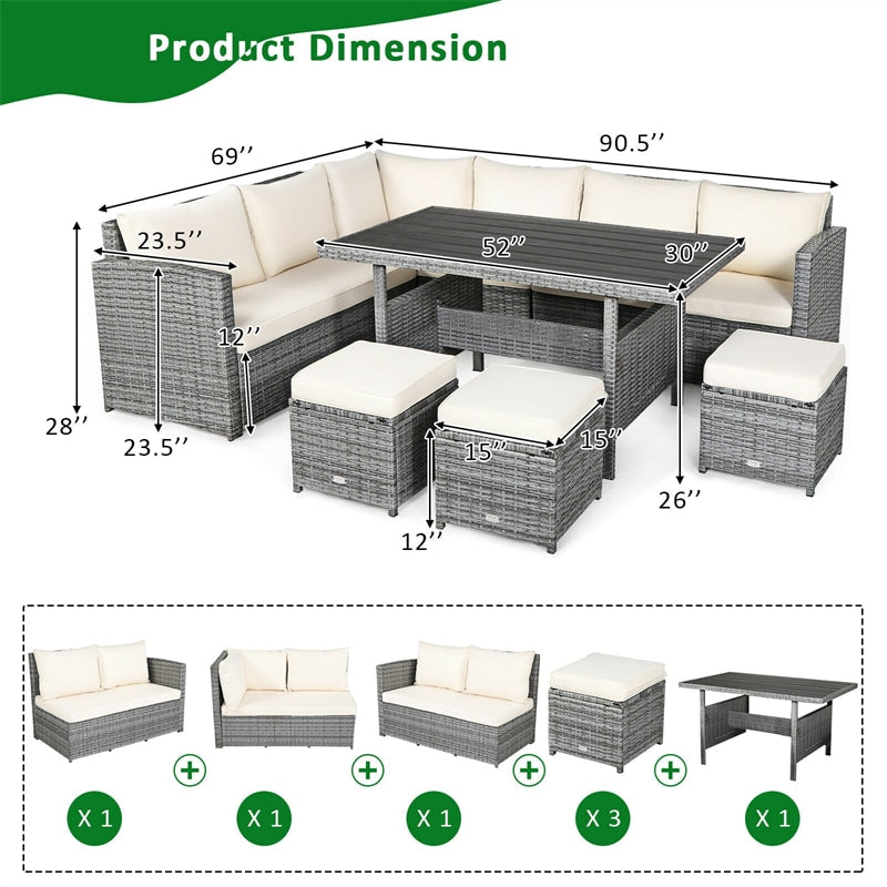 7 Pcs Rattan Patio Dining Furniture Sectional Sofa Set with Dining Table, Ottomans & Cushions