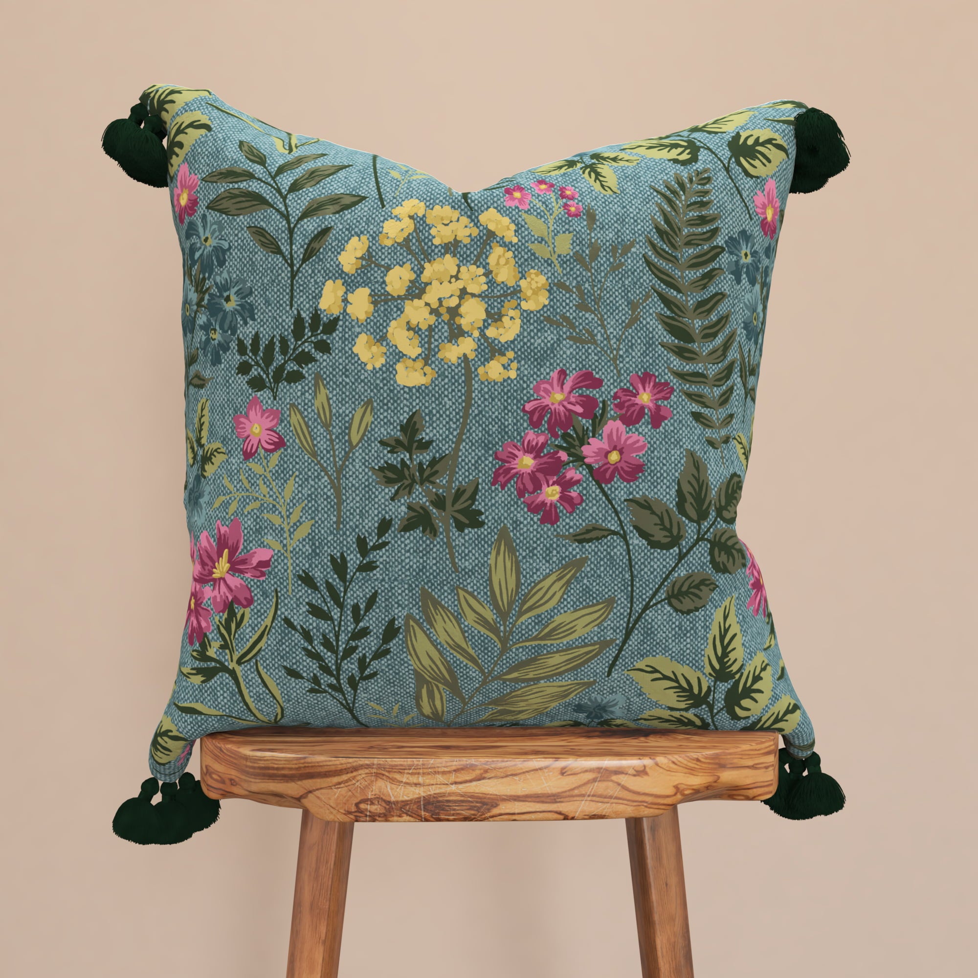 Decorative Throw Pillow Cover, 18” x 18”, Blue, Printed Floral Botanical Pattern on Textured Faux Linen with Corner Tassels Creating a Natural Sense of Style for any Living Room, Bed, and Sofa