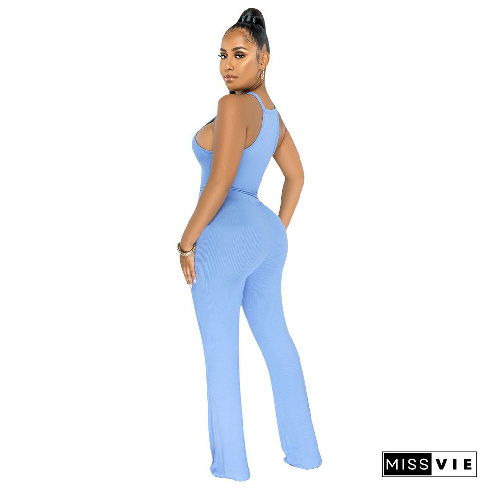 Solid Bandage Sleeveless Crop Top Flare Pants Set