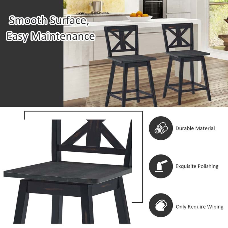 2-Pack Vintage 360° Swivel Bar Stools, Rubber Wood Counter Height Chairs with Non-Slip Foot Pads