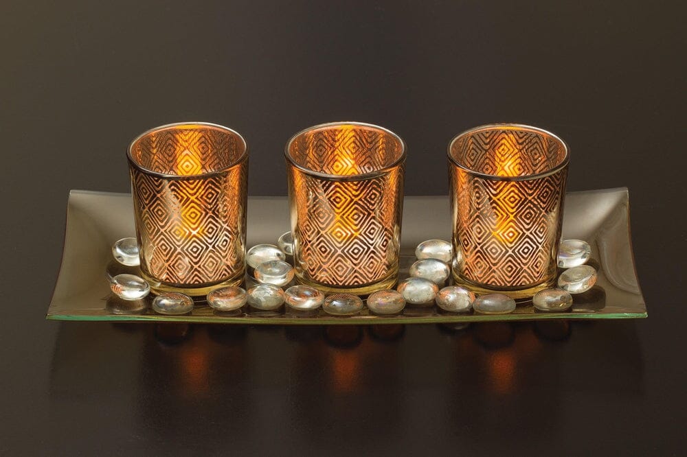 Decorative Glass Candle Holder Set with LED Tealights, Ornamental Glass Stones & Glass Tray