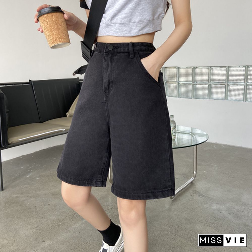 New Summer Women High Waist Wide Leg Black Denim Shorts Casual Female Loose Straight Button Jeans Bermuda Shorts