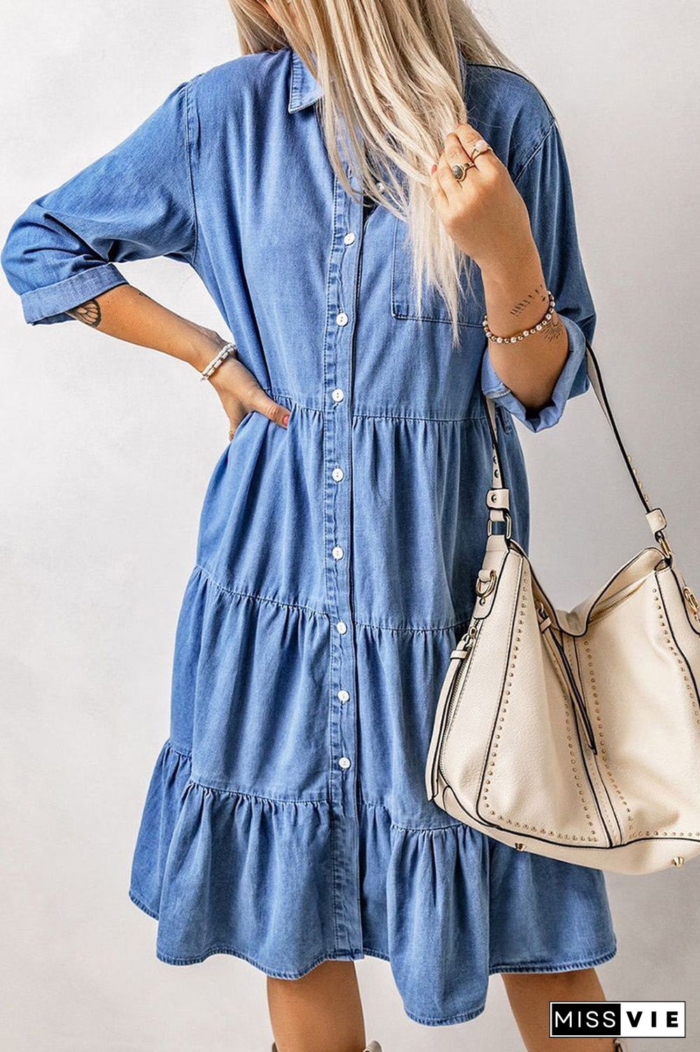 Casual Street Solid Patchwork Turndown Collar Nine Points Sleeve Loose Denim Dresses