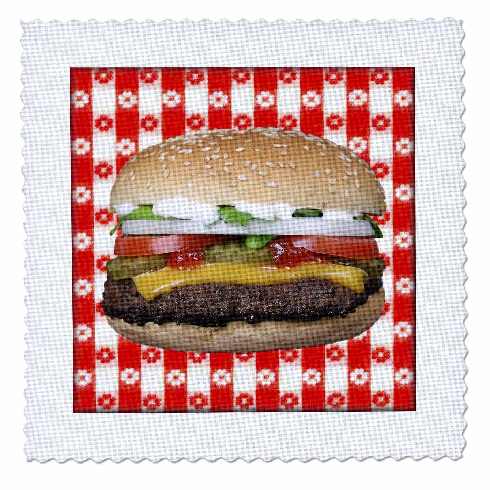 3dRose Juicy Hamburger Picnic - Quilt Square， 10 by 10-inch