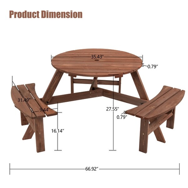 Brown 6Person Circular Outdoor Wooden Picnic Table 3 Builtin Benches