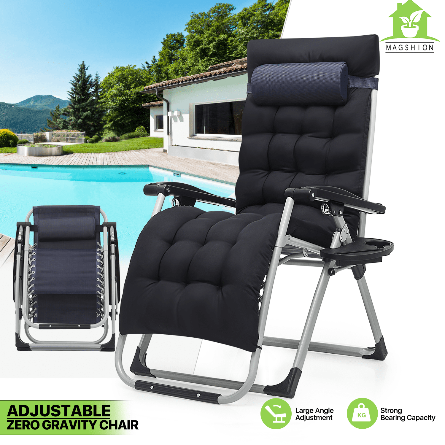 Magshion Folding Zero Gravity Chair, Sunbathing Recliner with Removable Cushion, Cup Holder, Headrest for Indoor and Outdoor Use, Blue