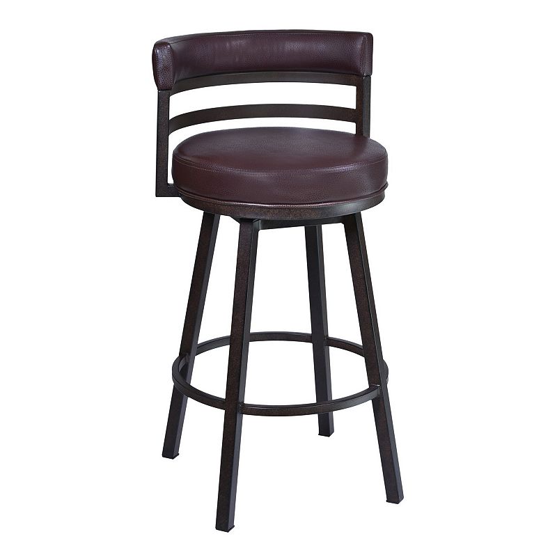 Eva 30 Inch Swivel Bar Stool， Vegan Leather， Curved Back， Auburn Brown