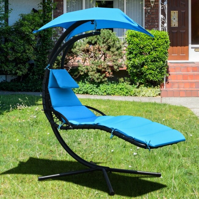 Hanging Chaise Lounger with Stand and Pillow for Outdoor   Blue   73.5'' x 40'' x 79\