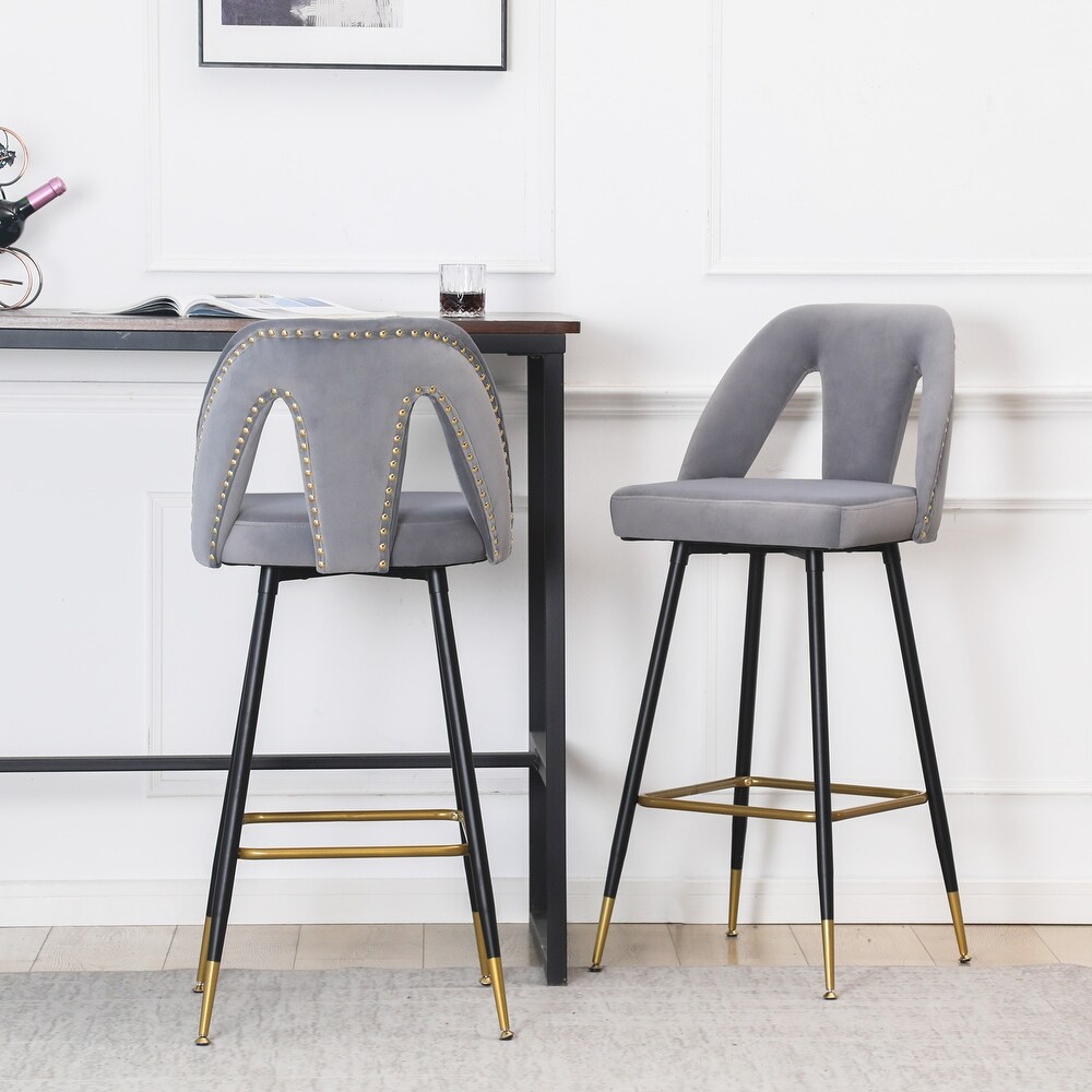 Set of 2 Modern Contemporary Velvet Upholstered Bar Stool with Nailheads