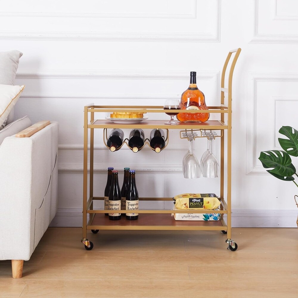 Gold Wood Wine Kitchen Cart with Wheels and Wine Rack