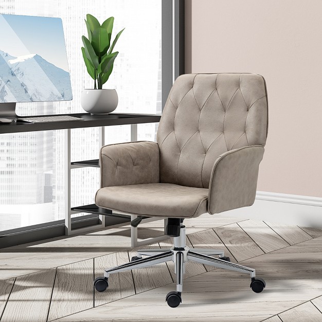 Vinsetto Modern Mid back Tufted Velvet Fabric Home Office Desk Chair With Adjustable Height Swivel Adjustable Task Chair With armrests Light Gray