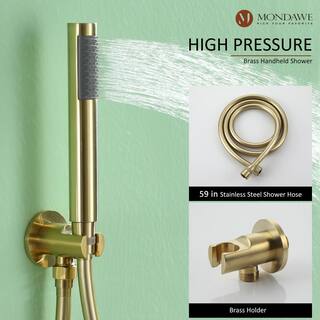 Mondawe Round 1-Spray Patterns Balance Valve Shower Faucets Set with 2.5 GPM 10 in. Ceiling Mount Dual Shower Heads in PVD Gold AM-S133AC-10BG