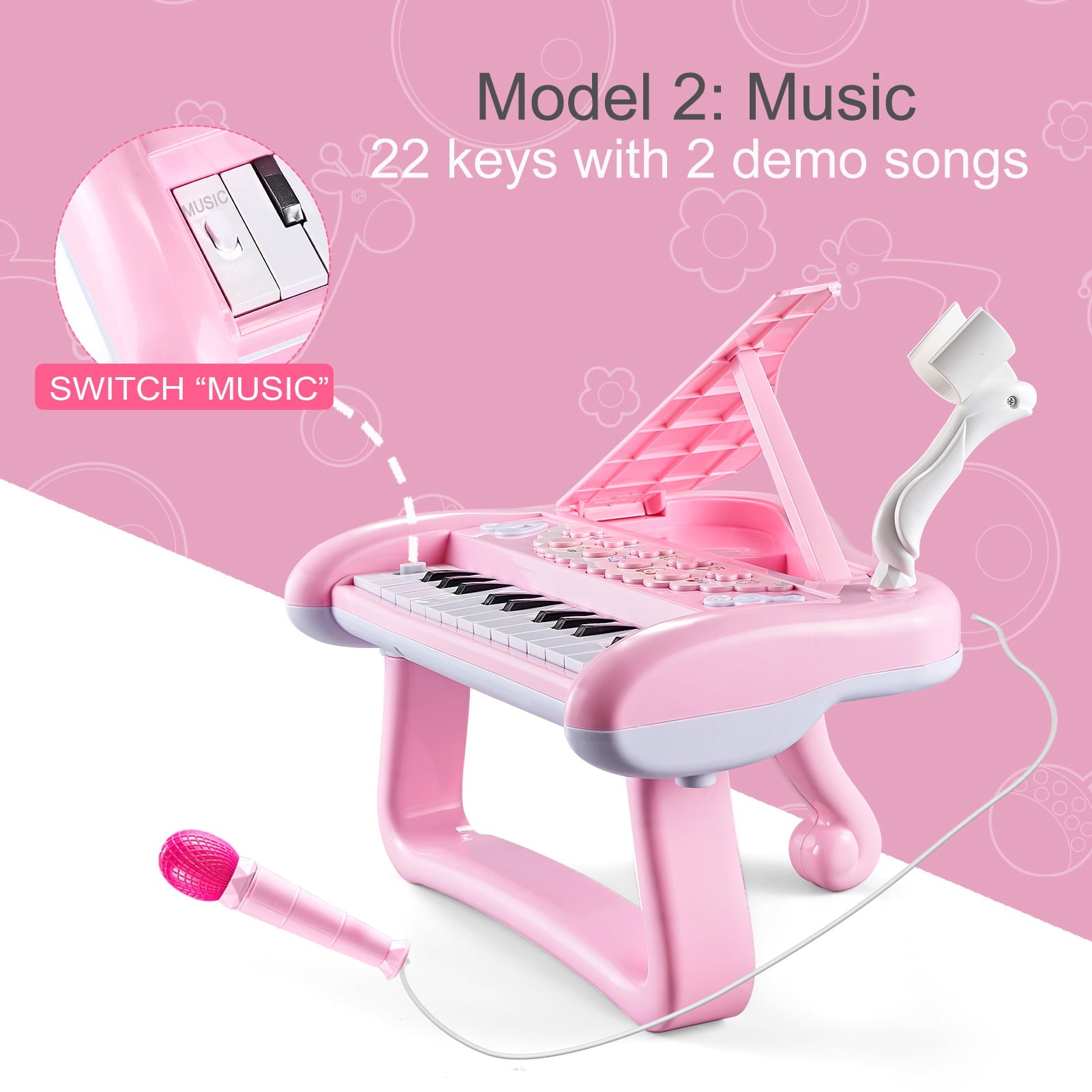 First Birthday Toddler Piano Toys for 1 Year Old Girls， Baby Musical Keyboard 22 Keys Kids Age 1 2 3 Play Instrument with Microphone